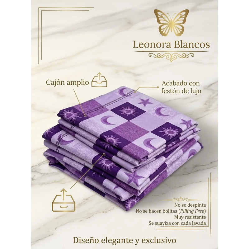 Sábana King  Bramante Cajón Amplio 100% Algodón Super Suave Lila Soles Y Estrellas Morada