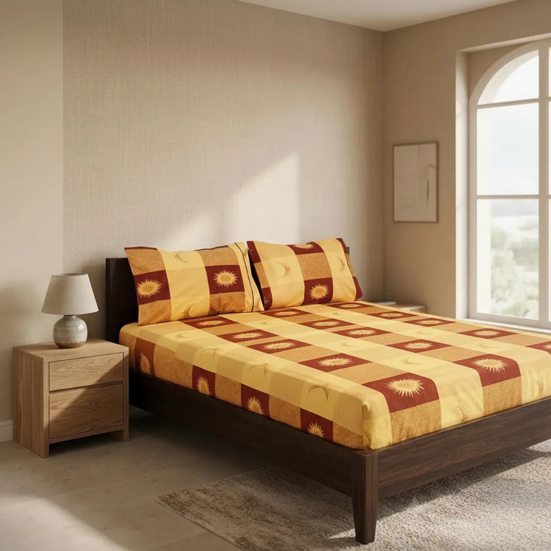 Sábana De Cajón Matrimonial +2 Fundas De Almohada Algodón Dorado Oscuro Sol Y Luna Cafe