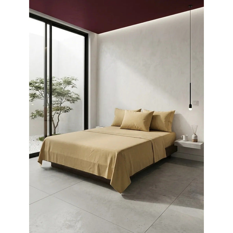 Juego De Sabanas King Size Leonora Percal Algodón 144h Lisas Beige Beige Claro