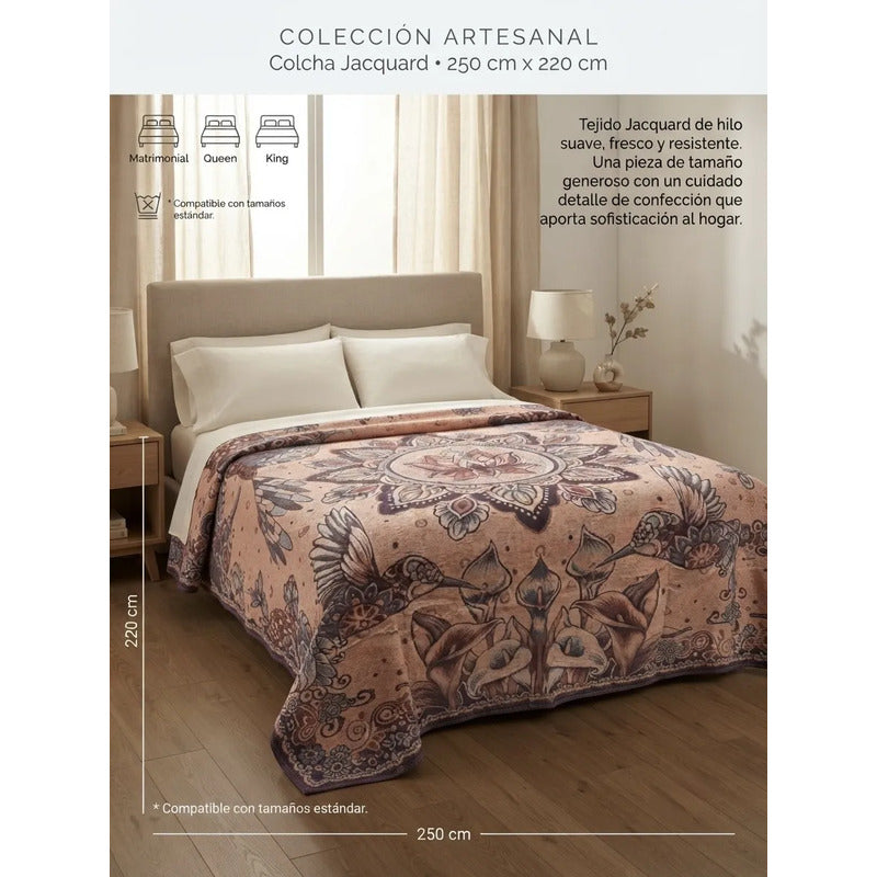 Colcha De Hilo Jacquard Leonora Premium Matrimonial Amplia Coral Claro Colibríes Morado/ Coral