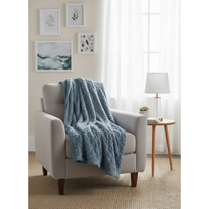 Frazada Leonora Matrimonial Extra-suave Grabado Hd Acogedora Relieve Azul Azul Claro