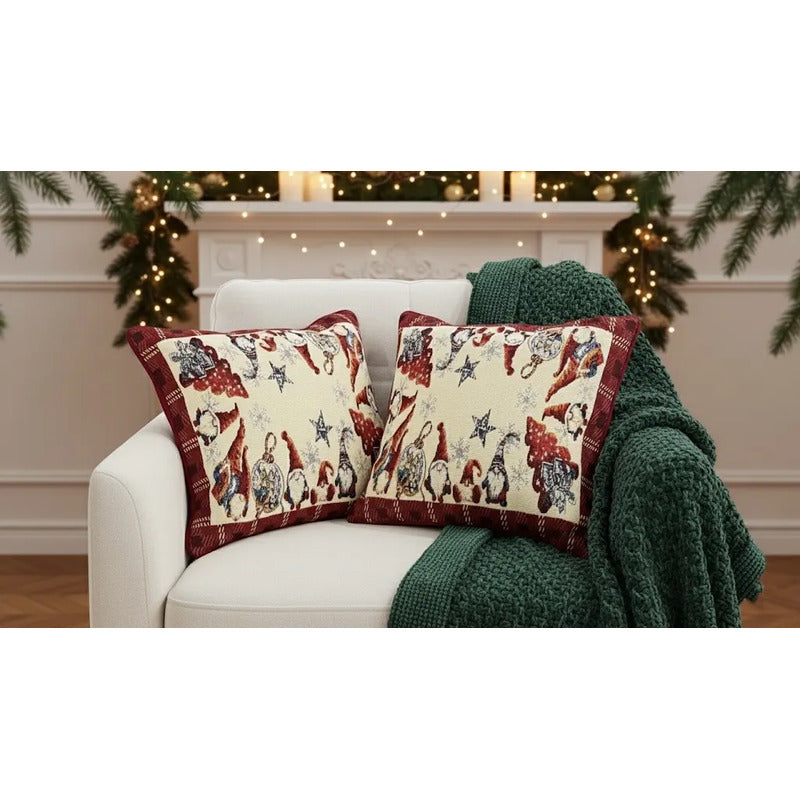 Kit Navideño: Camino De Mesa, Pie De Árbol, Fundas Y Tapete Beige Duendes Navideños