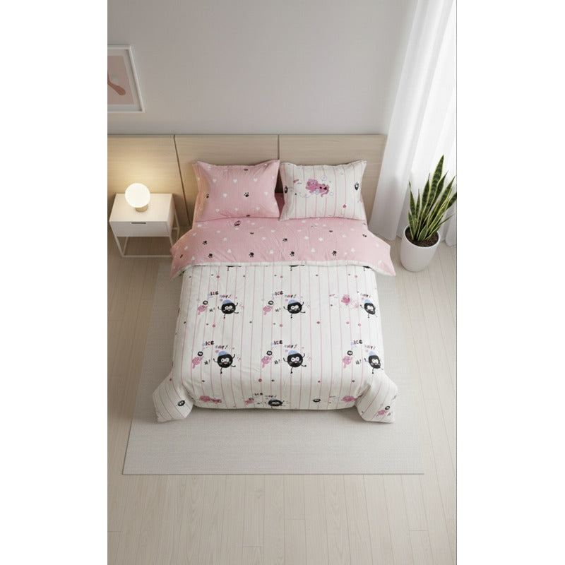Edredón Premium Duvet Dos Vistas Matri Con Relleno Incluido Rosa Gatito Piojito Algodón Alta Densidad