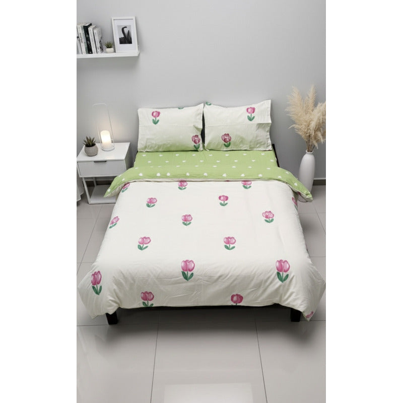 Edredón Premium Duvet Dos Vistas Matri Con Relleno Incluido Verde Corazón Tulipanes Rosa Algodón Alta Densidad