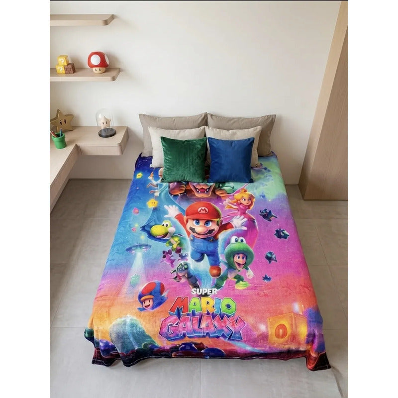 Frazada Matrimonial Providencia Mario Bros Galaxia Srp Suave Mario Bross Ataque Verde Claro