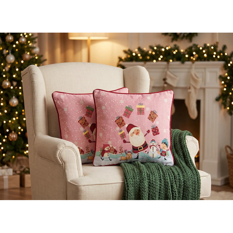 Kit Navideño: Camino De Mesa, Pie De Árbol, Fundas Y Tapete Rosa Claro