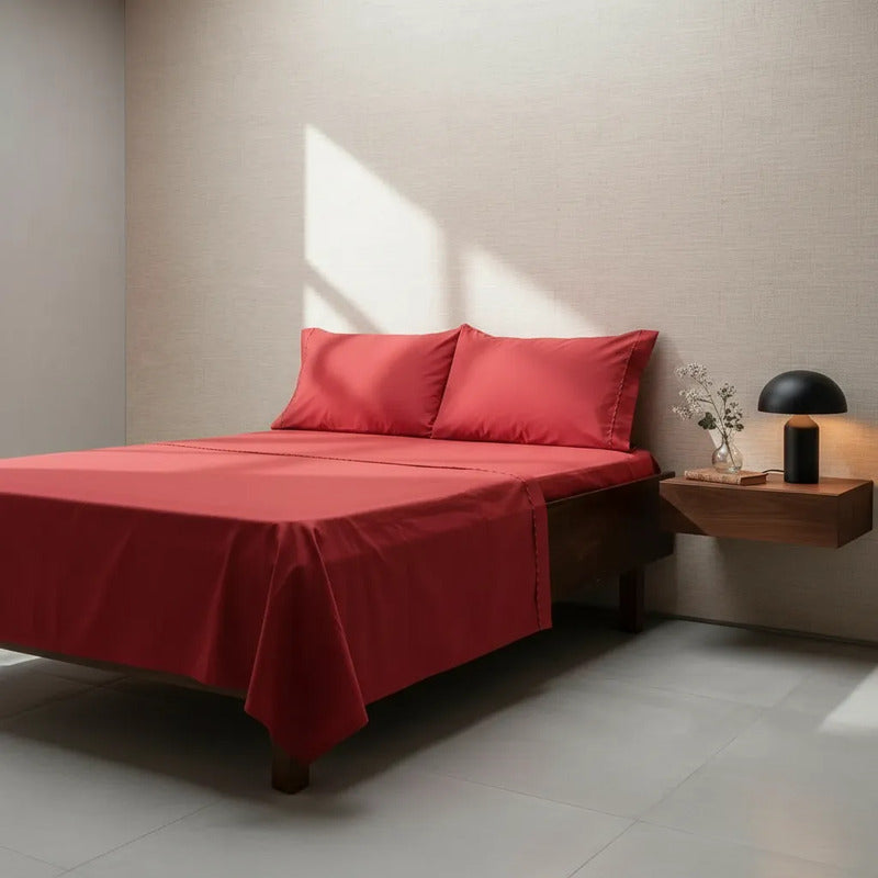 Juego De Sábanas Matrimonial Algodón Percal 144 Hilos-fresca Rojo Lisa Suave Y Transpirable De Calidad Premium