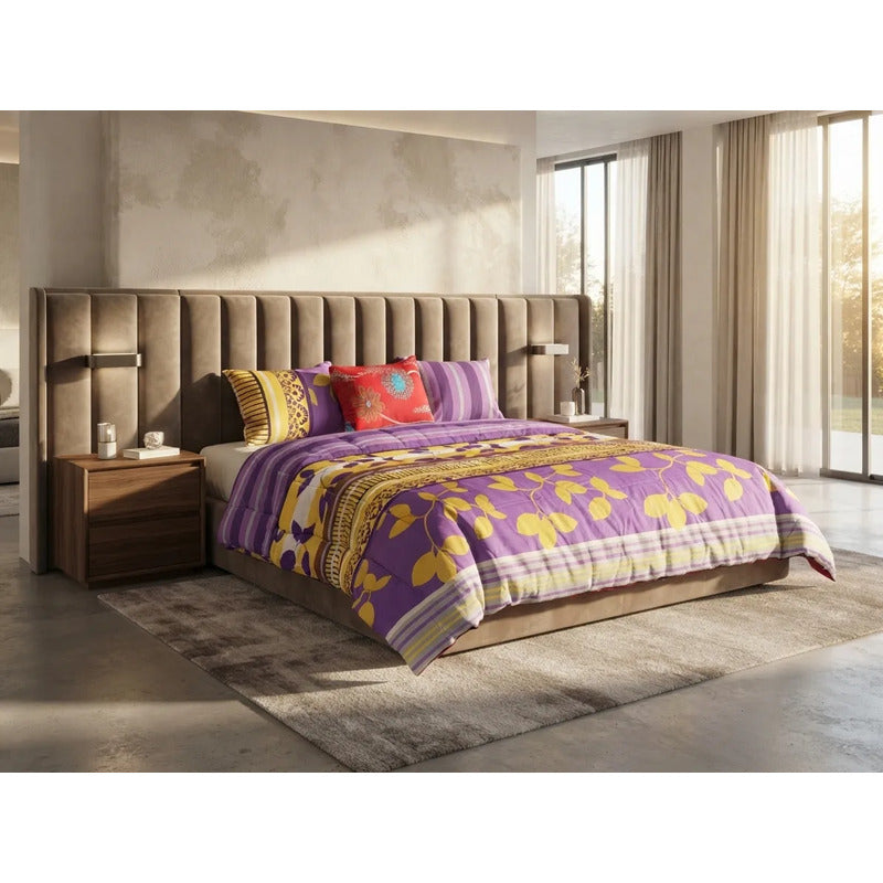Edredon King Size Doble Vista +3 Cojines Decorativos Algodón Rosa/lina Floreado