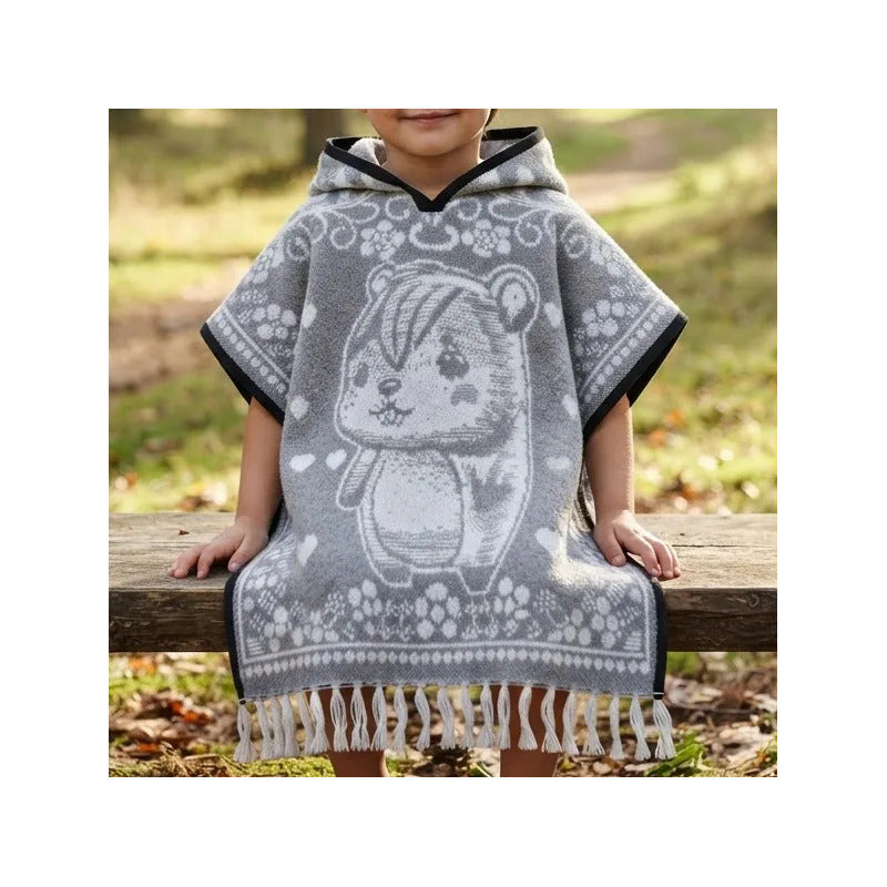 Jorongo Poncho Gaban Afelpado Infantil Artesanal Con Capucha Gris Capibara 60x50