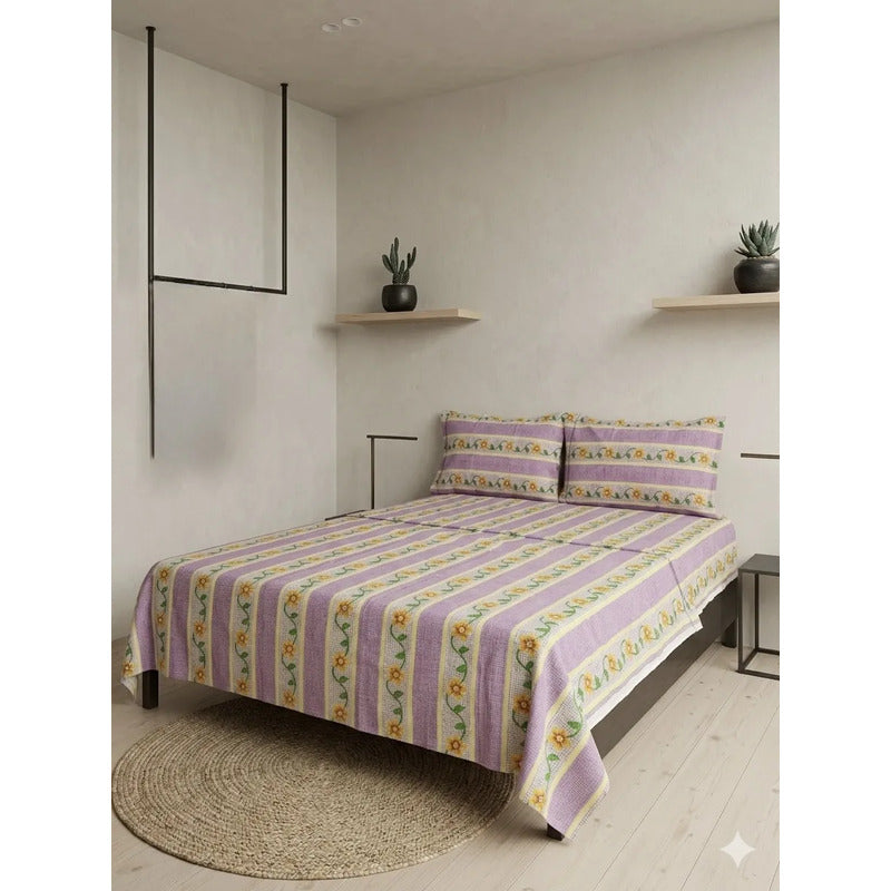 Juego De Sabana Matrimonial 100% Algodón Suaves Y Frescas Lila Pétalo Pop Llia