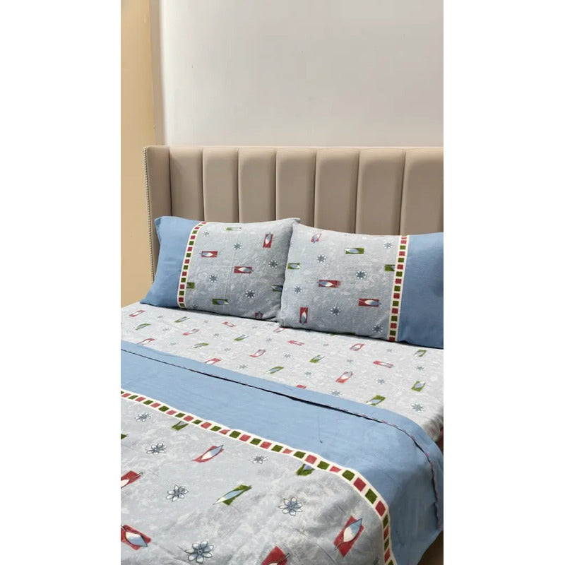 Juego De Sábanas Matrimonial Leonora Franela Planchada 2mts Azul Claro Hojas Azul