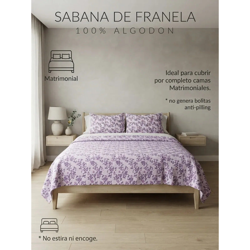 Juego De Sabanas Franela Mariol 100% Algodón Matrimonial Lila Floresta Lila
