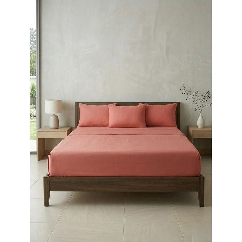 Juego De Sabanas King Size Leonora Percal Algodón 144h Lisas Naranja Oscuro Rosa Palo Lisa