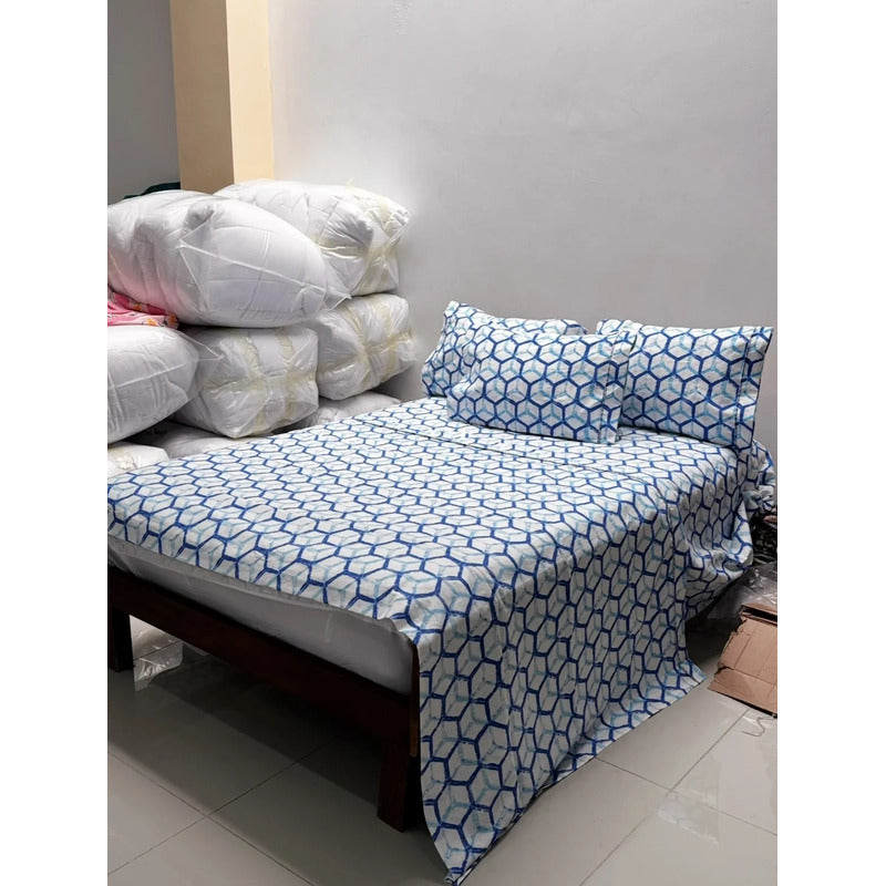 Juego De Sabanas Franela Mariol 100% Algodón King Size Azul Claro Rombo Azul