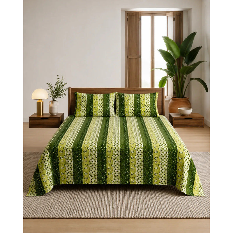Juego De Sabanas Franela Mariol 100% Algodón Matrimonial Verde Franja Silvestre