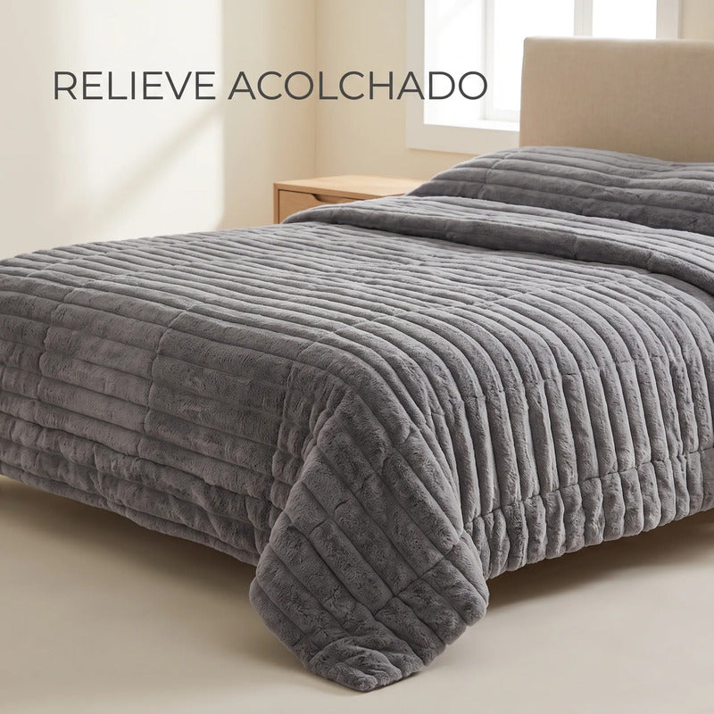 Edredón Matrimonial Acolchado Doble Vista Textura Térmica Gris Piel De Conejo