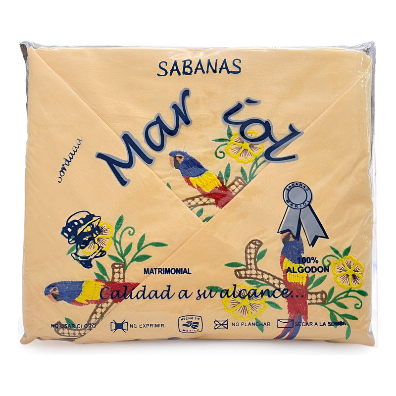 Sabana Matrimonial Lisa Bordada 100% Algodón-diseño Elegante Caqui Loro Bordado