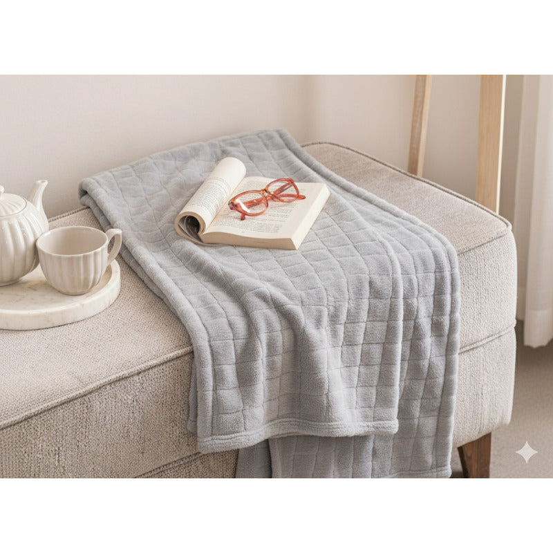 Frazada Térmica Leonora Matrimonial Extra Suave-grabada Cuadros Gris Gris