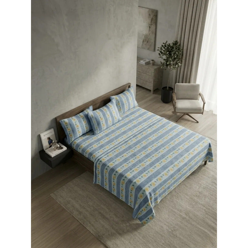 Sábana King  Bramante Cajón Amplio 100% Algodón Super Suave Azul Acero Pétalo Pop Azul