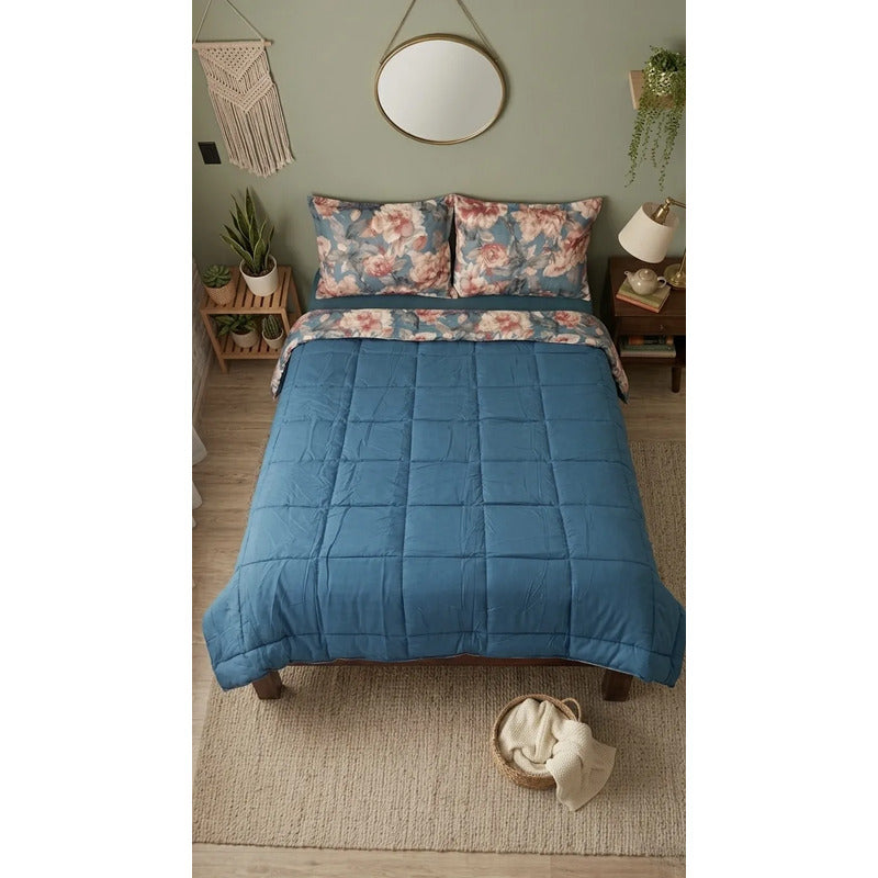Edredón Acolchado Doble Vista Matrimonial Con Fundas Rosa Turquesa Con Rosas