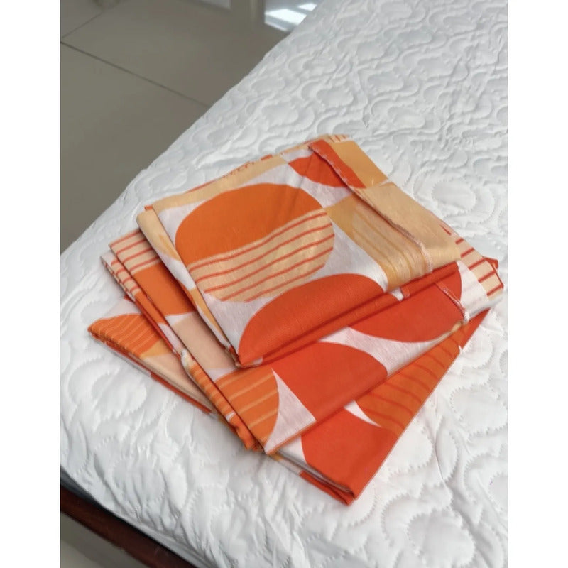 Juego De Sabanas Franela Mariol 100% Algodón Matrimonial Naranja Circular Naranja