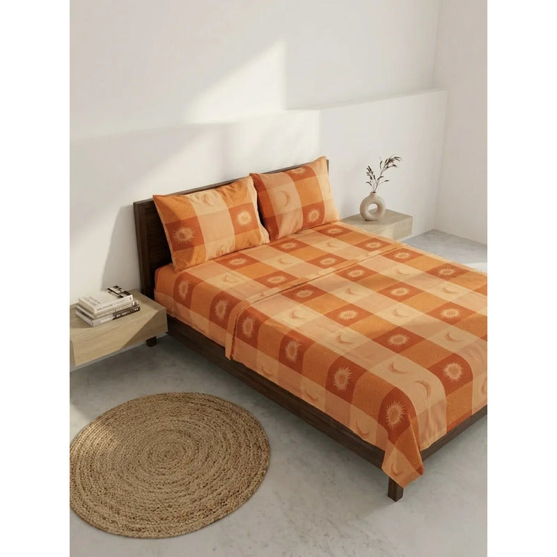 Juego De Sabana Matrimonial 100% Algodón Suaves Y Frescas Naranja Sol Y Luna Naranja