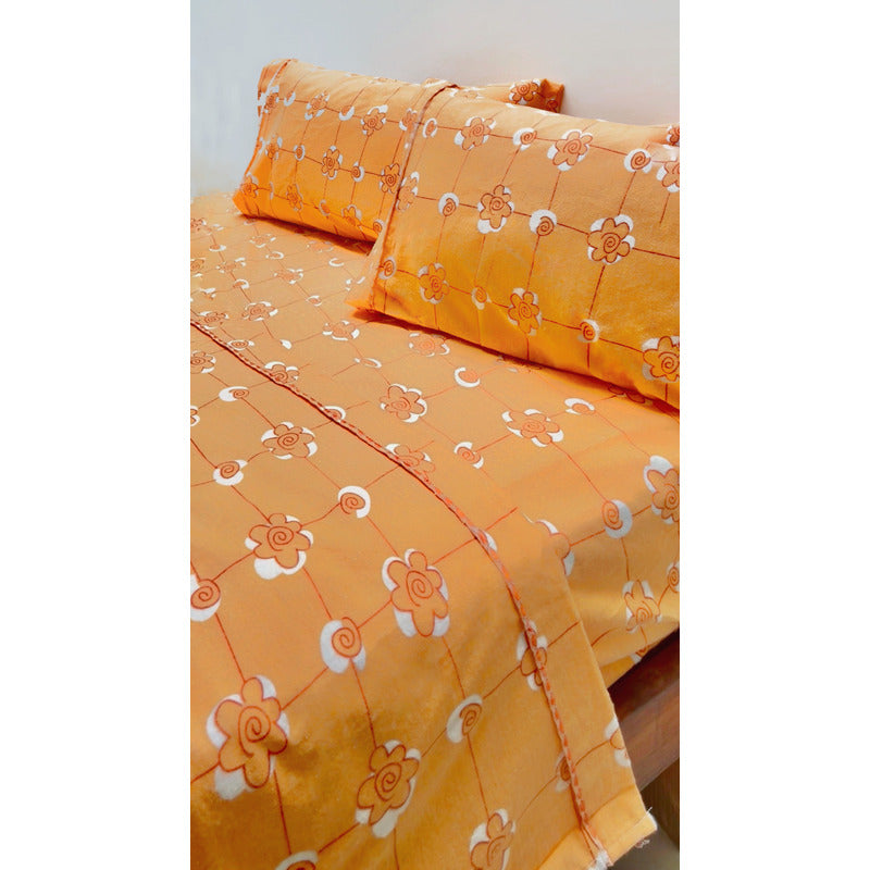 Juego De Sabanas Franela Mariol 100% Algodón Matrimonial Naranja Acapulco Naranja