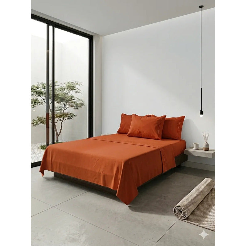 Juego De Sabanas King Size Leonora Percal Algodón 144h Lisas Naranja Oscuro Liso Shedron