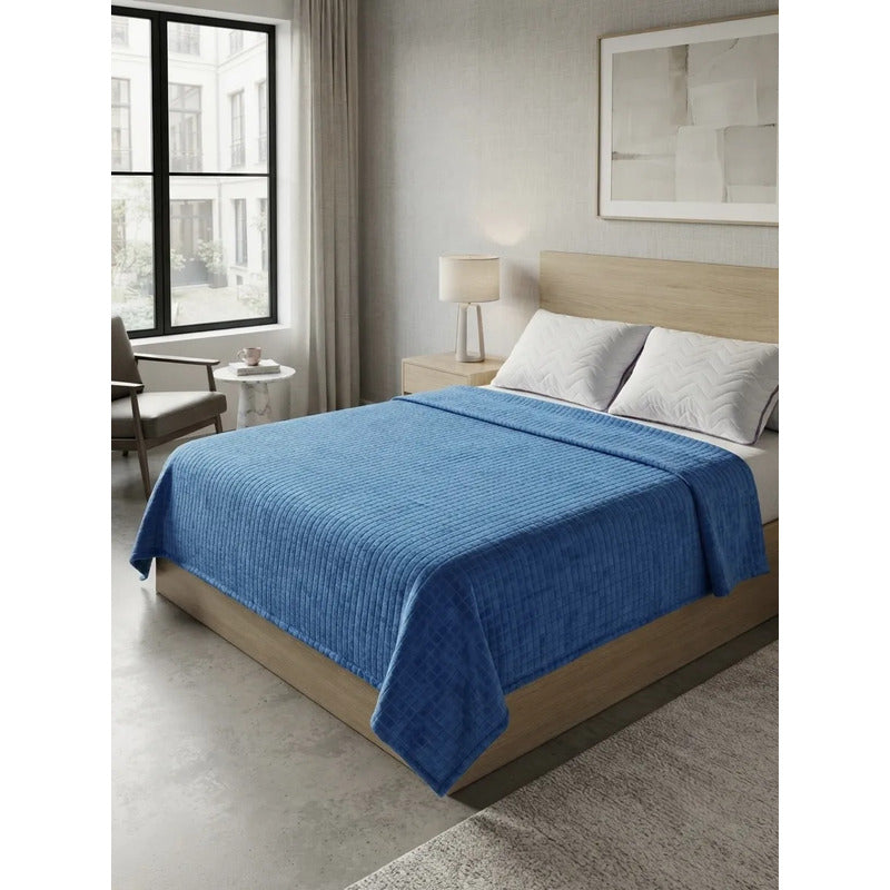 Cobertor Frazada Matrimonial Ligera Super Suave Y Calientita Cuadros 700 G Azul Acero