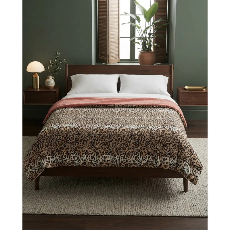 Cobertor Borrega Amanecer | Matrimonial, Suave Y Acolchado Piel Leopardo Dorado Oscuro