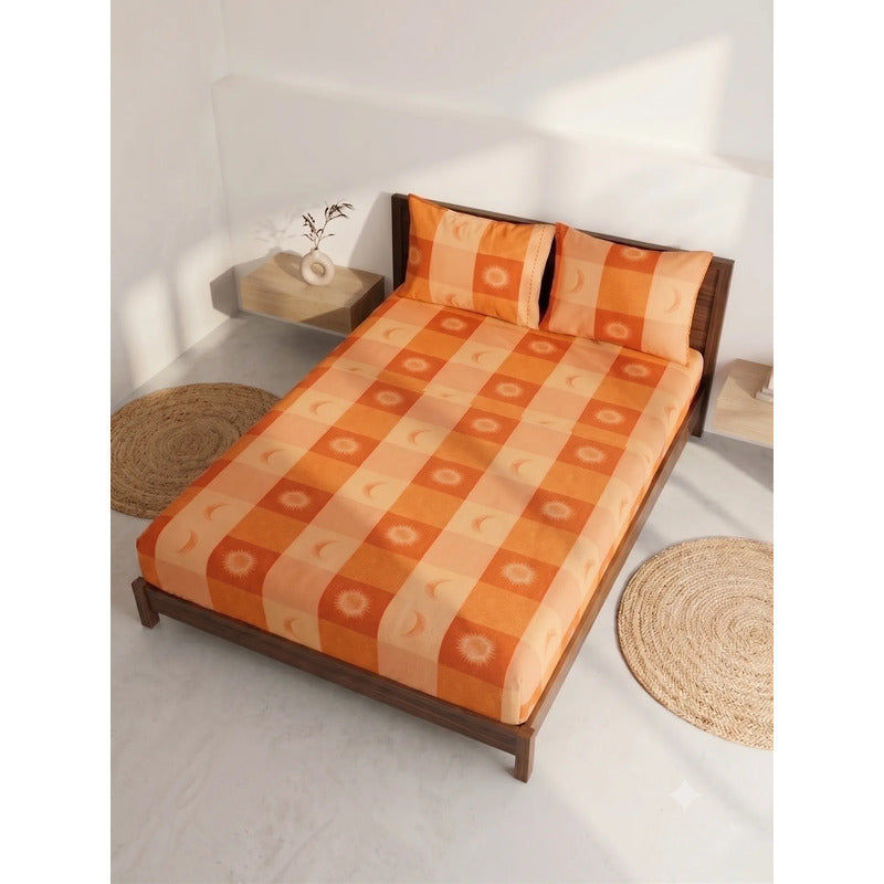 Sábana De Cajón Matrimonial +2 Fundas De Almohada Algodón Naranja Sol Y Luna Naranja