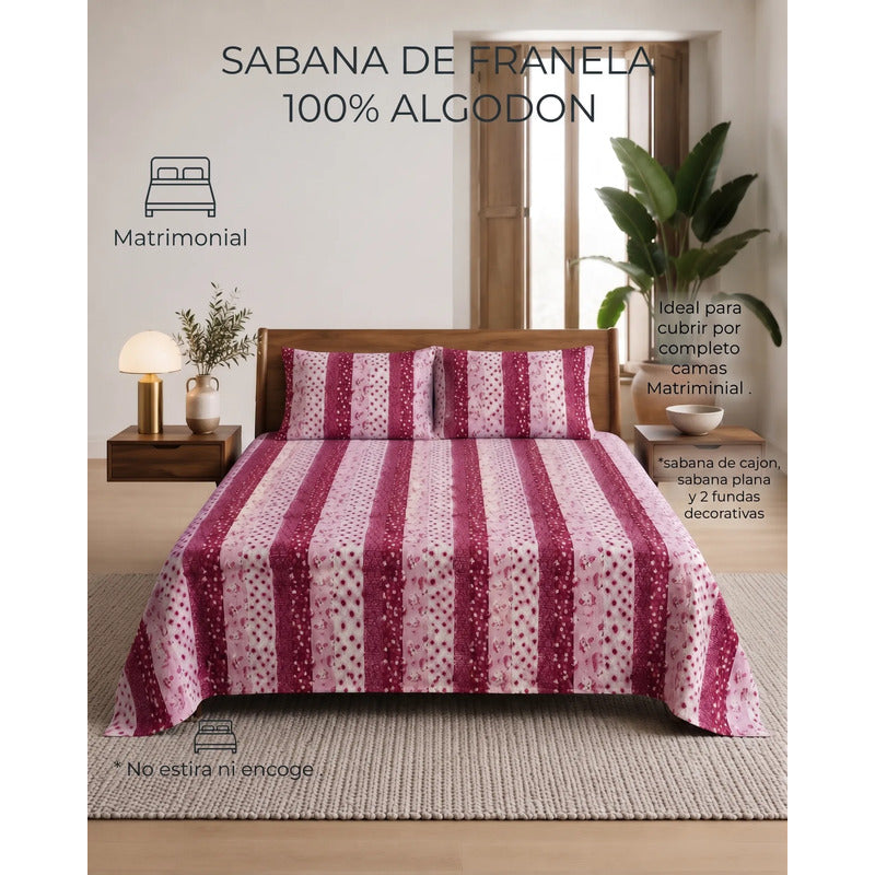 Juego De Sabanas Franela Mariol 100% Algodón Matrimonial Rosa Chicle Franja Silvestre