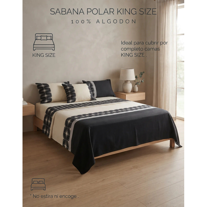 Juego De Sábanas Térmicas Polar Algodón King Size Invernal Negro Black Bloom