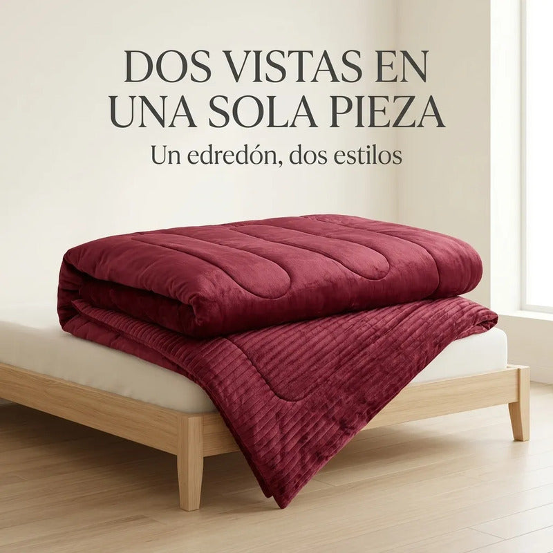 Edredón Matrimonial Acolchado Doble Vista Textura Térmica Vino Piel De Conejo