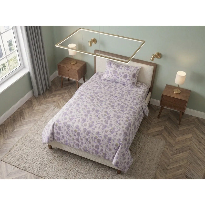 Juego De Sábana Bramante Individual Amanecer 100% Algodón Lavanda Peonia Morado