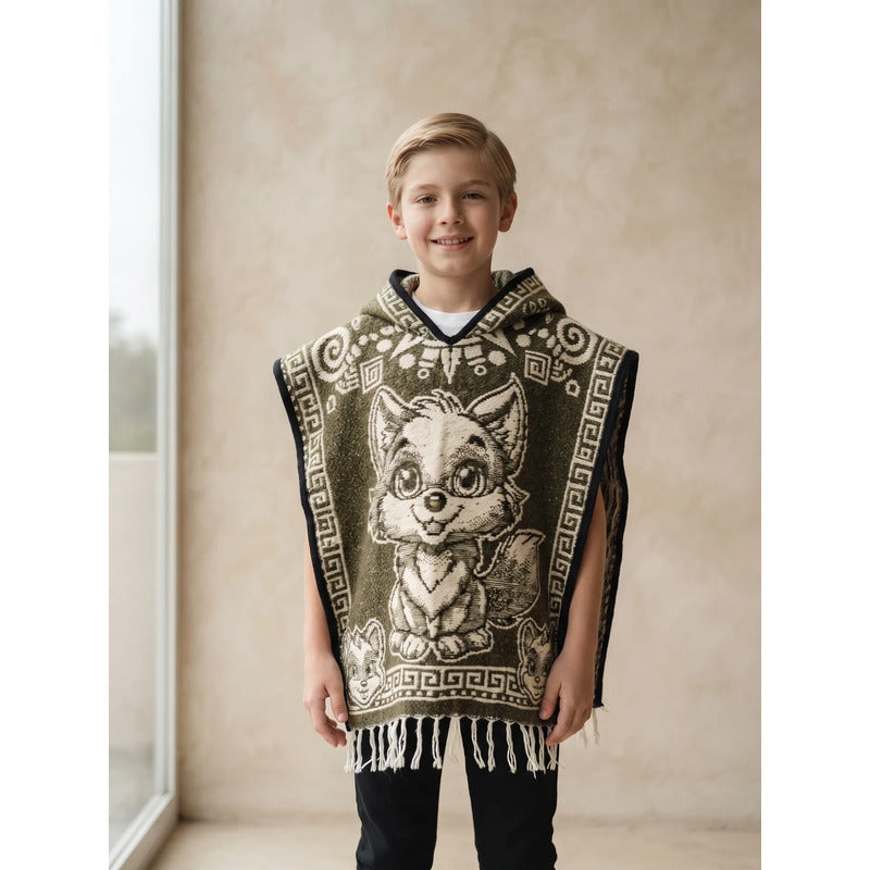 Jorongo Poncho Gaban Afelpado Infantil Artesanal Con Capucha Verde Claro Capibara 60x50