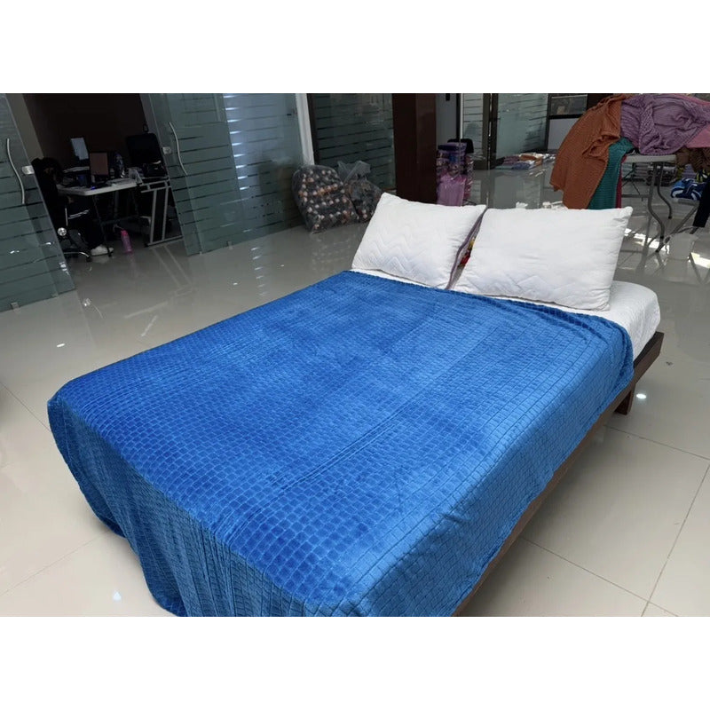 Cobertor Frazada Matrimonial Ligera Super Suave Y Calientita Cuadros 700 G Azul Acero
