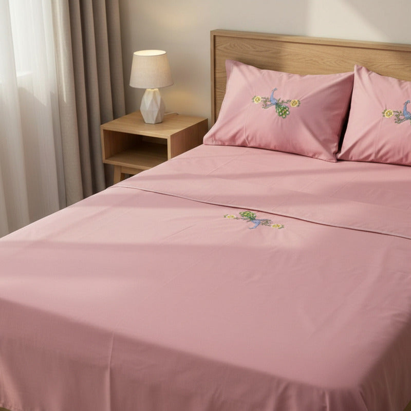 Sabana Matrimonial Lisa Bordada 100% Algodón-diseño Elegante Rosa Pavorreal Bordado