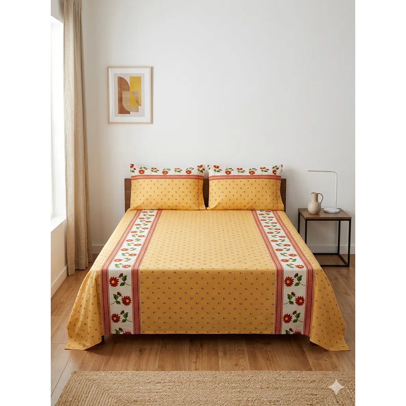 Juego De Sabana Matrimonial 100% Algodón Suaves Y Frescas Naranja Claro Mini Flor Anaranjado