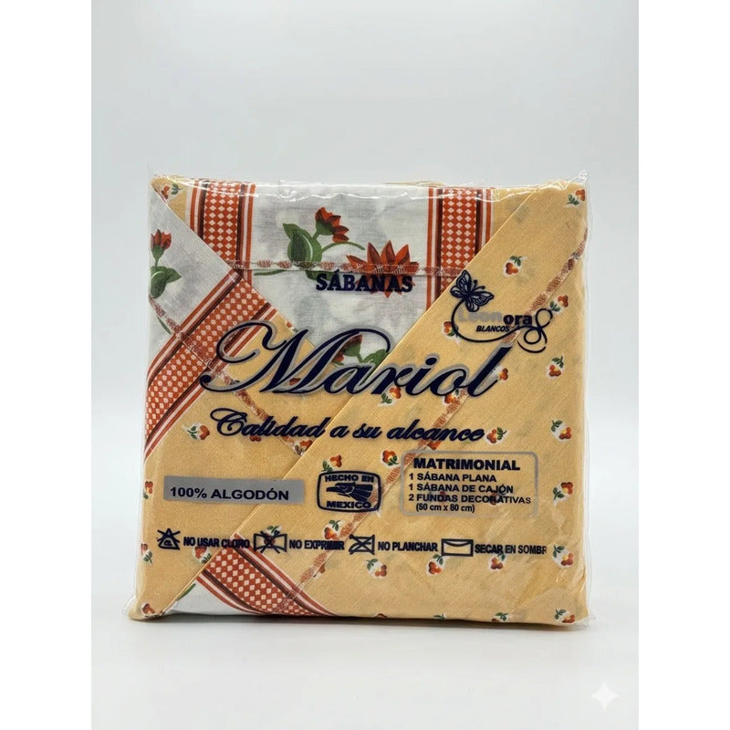 Juego De Sabana Matrimonial 100% Algodón Suaves Y Frescas Naranja Claro Mini Flor Anaranjado