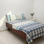 Sabana Hotelera Fátima 150 Hilos Matrimonial -- Cajón Amplio Beige Lunares Azules
