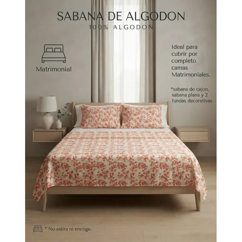 Juego De Sabana Matrimonial 100% Algodón Suaves Y Frescas Naranja Floresta Naranja
