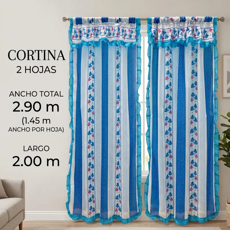 Cortinas Estampadas Para Ventana Con Forro Interior 2.9x2m Azul Acero