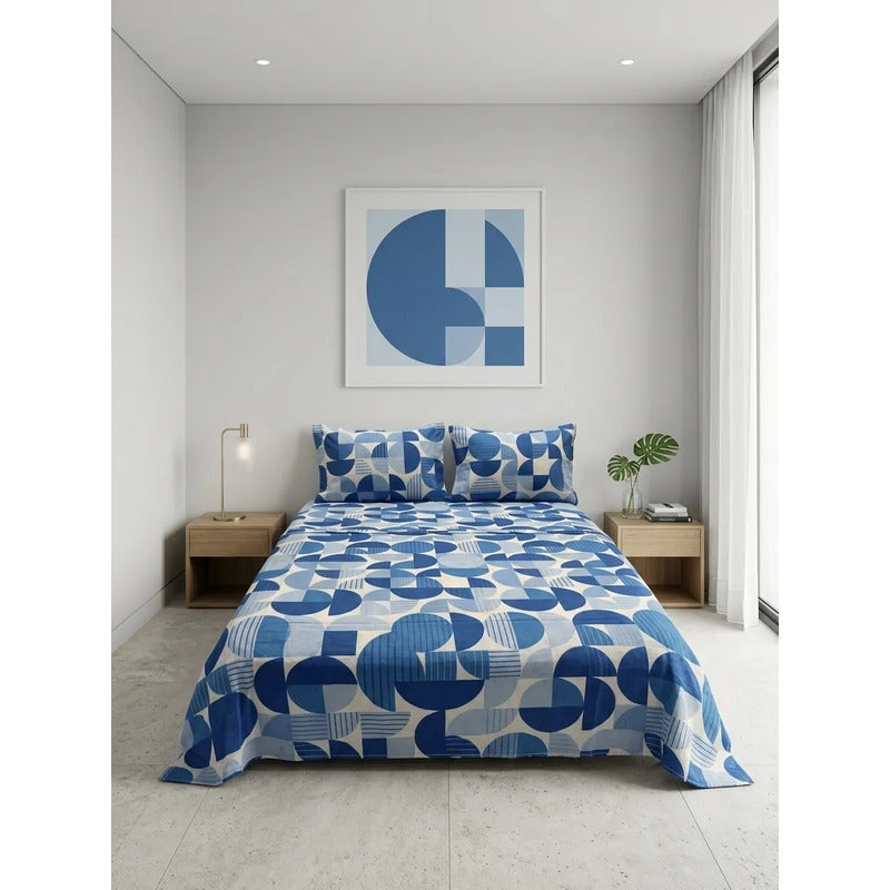 Juego De Sabana Matrimonial 100% Algodón Suaves Y Frescas Azul Circular Azul