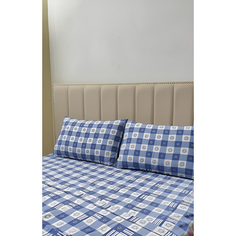 Juego De Sabanas Franela Mariol 100% Algodón Matrimonial Azul Acero Cuadro Flor Azul
