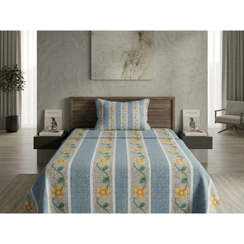 Juego De Sábana Bramante Individual Amanecer 100% Algodón Azul Acero Pétalo Pop Azul
