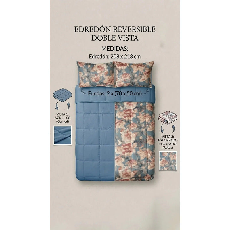 Edredón Acolchado Doble Vista Matrimonial Con Fundas Rosa Turquesa Con Rosas
