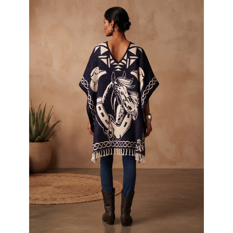 Jorongo Poncho Gaban Afelpado Unitalla Artesanal Grande Negro Caballos 1mx1m