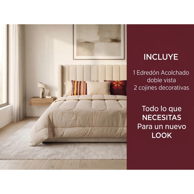 Edredon King Size Doble Vista +3 Cojines Decorativos Algodón Beige/vino Margarita Y Cuadro