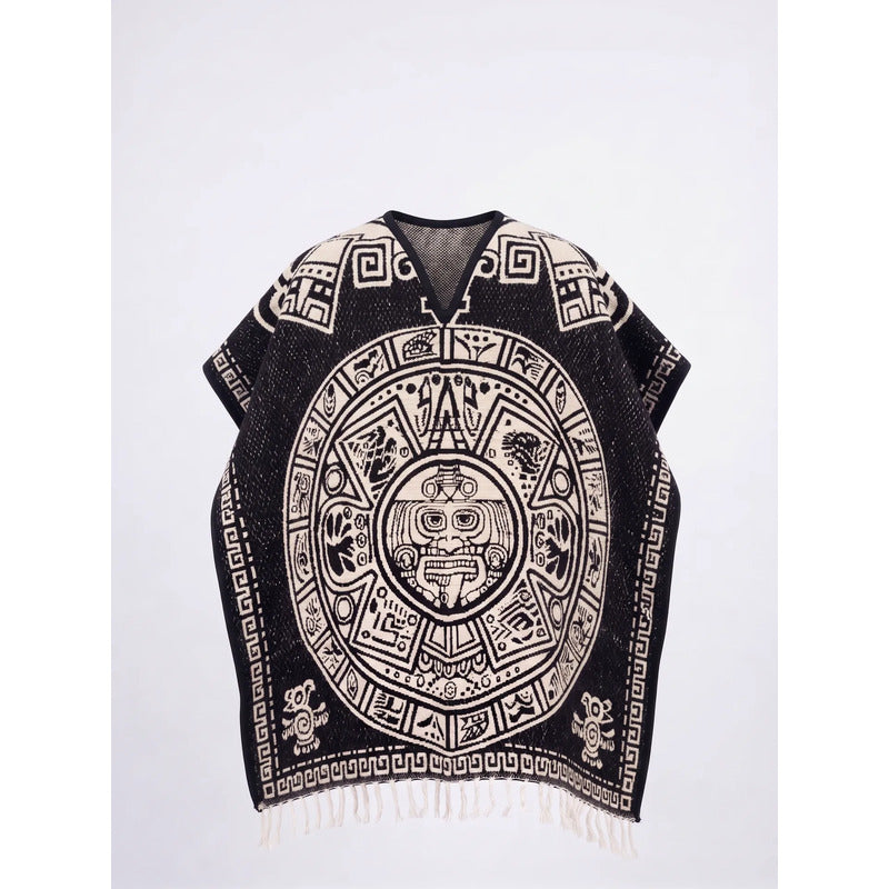 Jorongo Poncho Gaban Afelpado Unitalla Artesanal Grande Negro Azteca Y Grecas 1mx1m